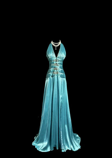 Vintage A line Halter Blue 1950s Retro Classy Satin Long Prom Dresses Party Dress 21st Birthday Outfits Graduation Dresses HZ1023